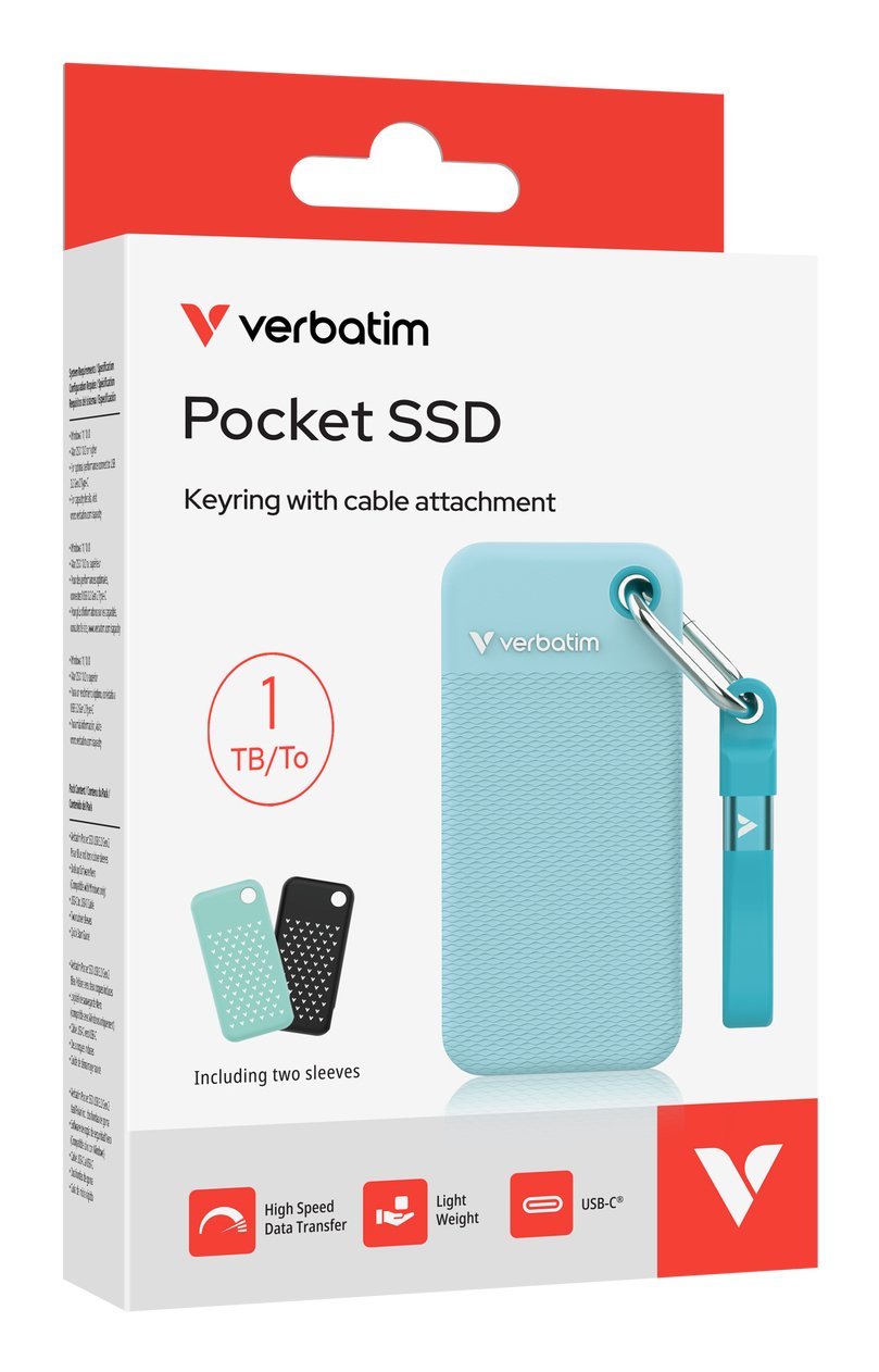 Verbatim Pocket Ssd Usb 3.2 Gen 2 1tb Polar Blue Incl. Two Rubber Sleeves