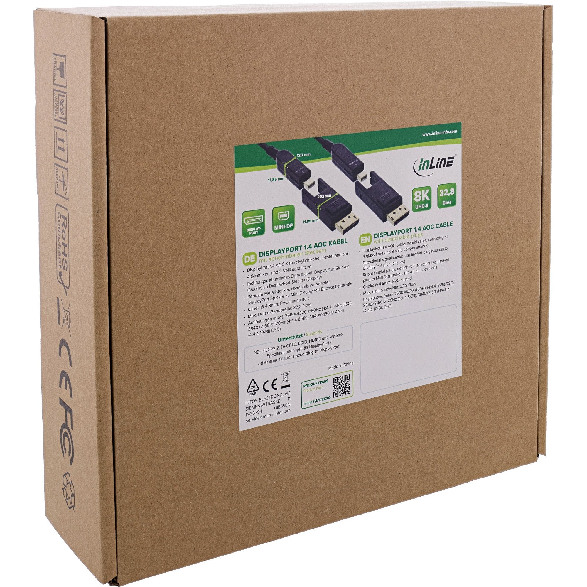 Inline® Displayport 1.4 Aoc Cable, 8k4k, Displayport Plug Detachable 10m