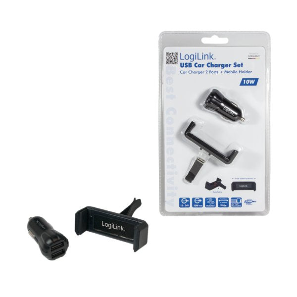 Usb Car Charger Set, 2port Charger + Holder
