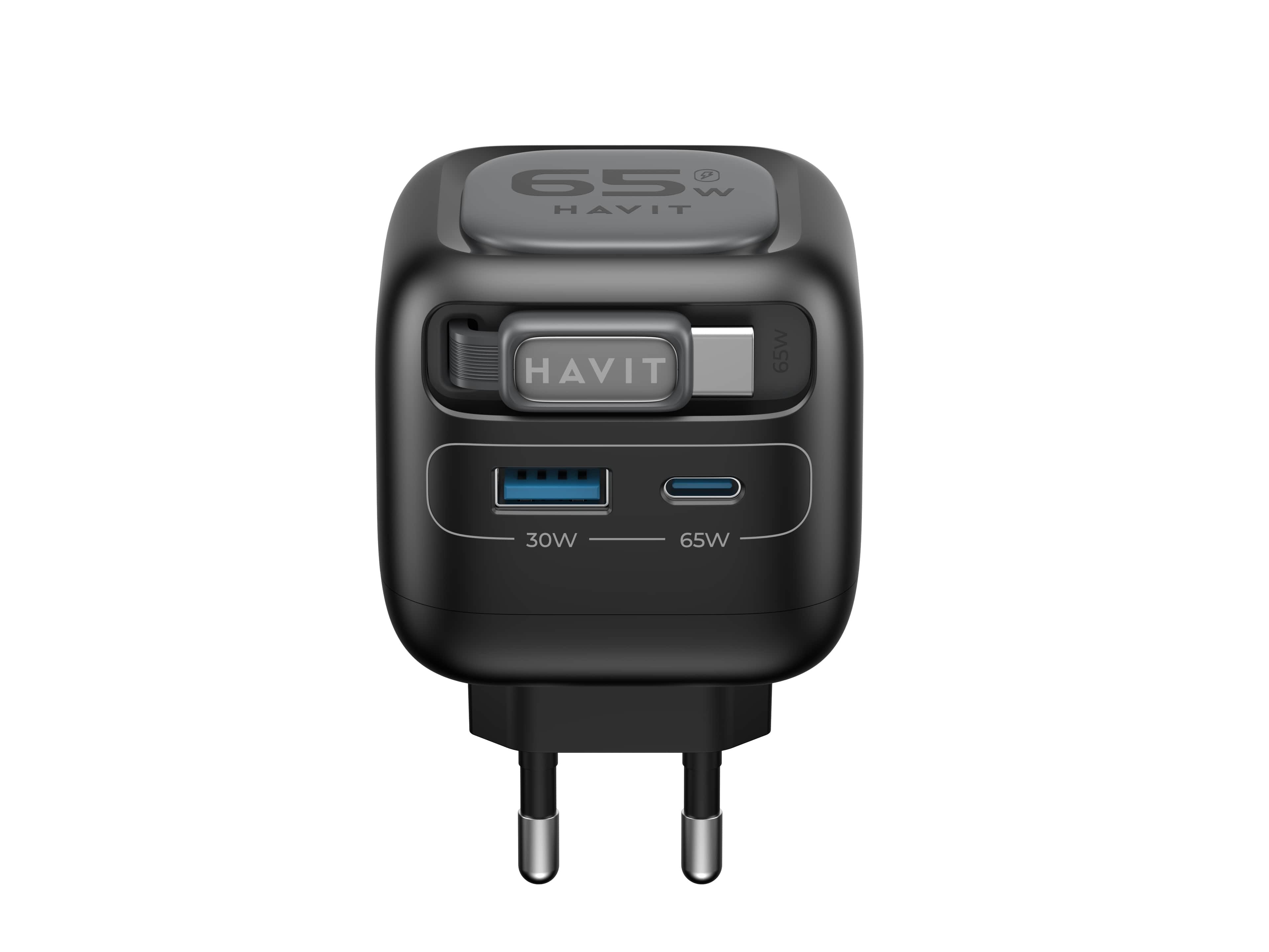 Havit Uc253 Eu - Cargador De Viaje Gan Con Cable Extensible, 65 W (Negro)