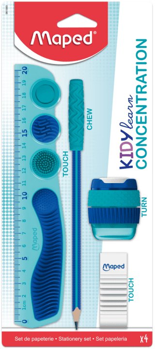 Maped Kidy Lern Concentration Pack Con Regla 20cm + Sacapuntas + Goma De Borrar + Lapiz - Diseñados Para Ayudar A La