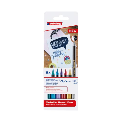 Edding 1340 Brush Pack De 6 Rotuladores - Punta Pincel Flexible - Trazo 1-3mm - Tinta Con Base De Agua - Colores Oro,