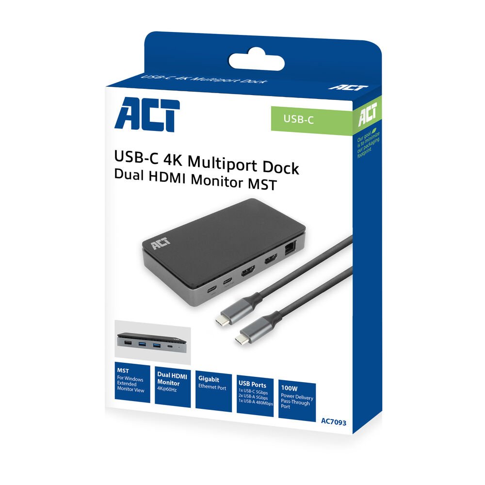 Docking Station Act Connectivity Usb C 4k Mst 2 Monitores Hdmi Ethernet Usb C 3x Usb A Pd Pass Through Cable 1m