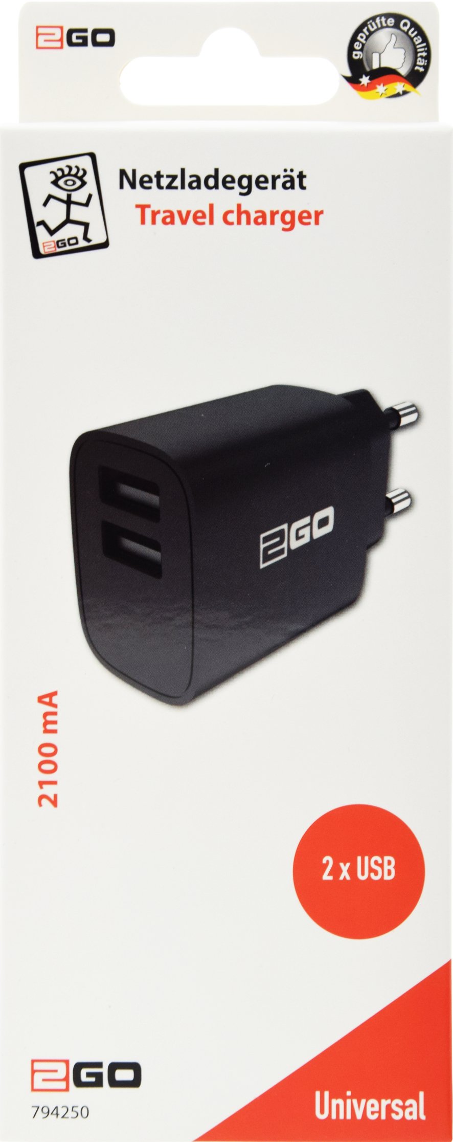 2go Cargador 100v-240v - Negro Universal Dual-Usb