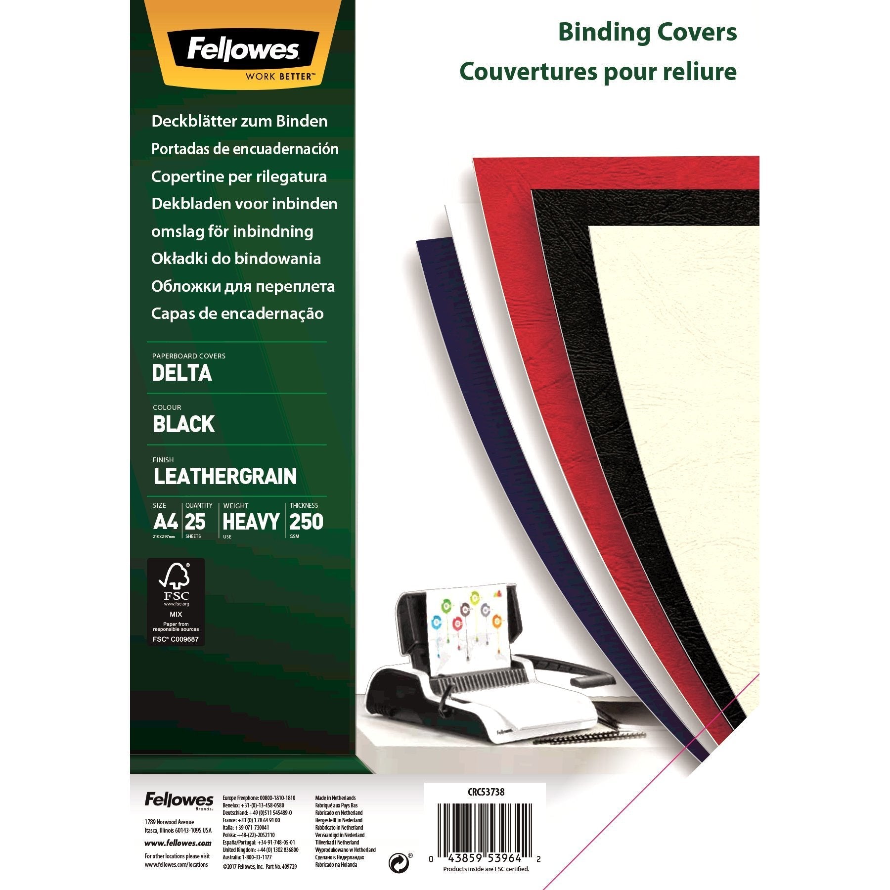 Fellowes Pack De 25 Portadas De Carton Simil Piel Delta Cuero A4 - 250 Gr - Color Negro