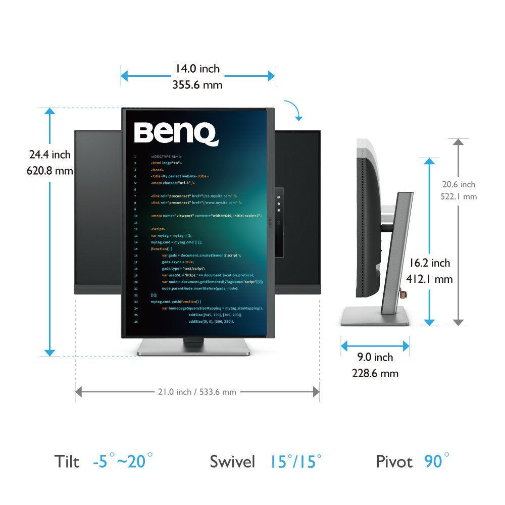 Monitor Para Programacion Benq Rd240q  24.1" Ips Wqxga ,2560 X 1600, 95% P3, Antideslumbramiento, Usb-C Pd90w., 16:10 Hdr10