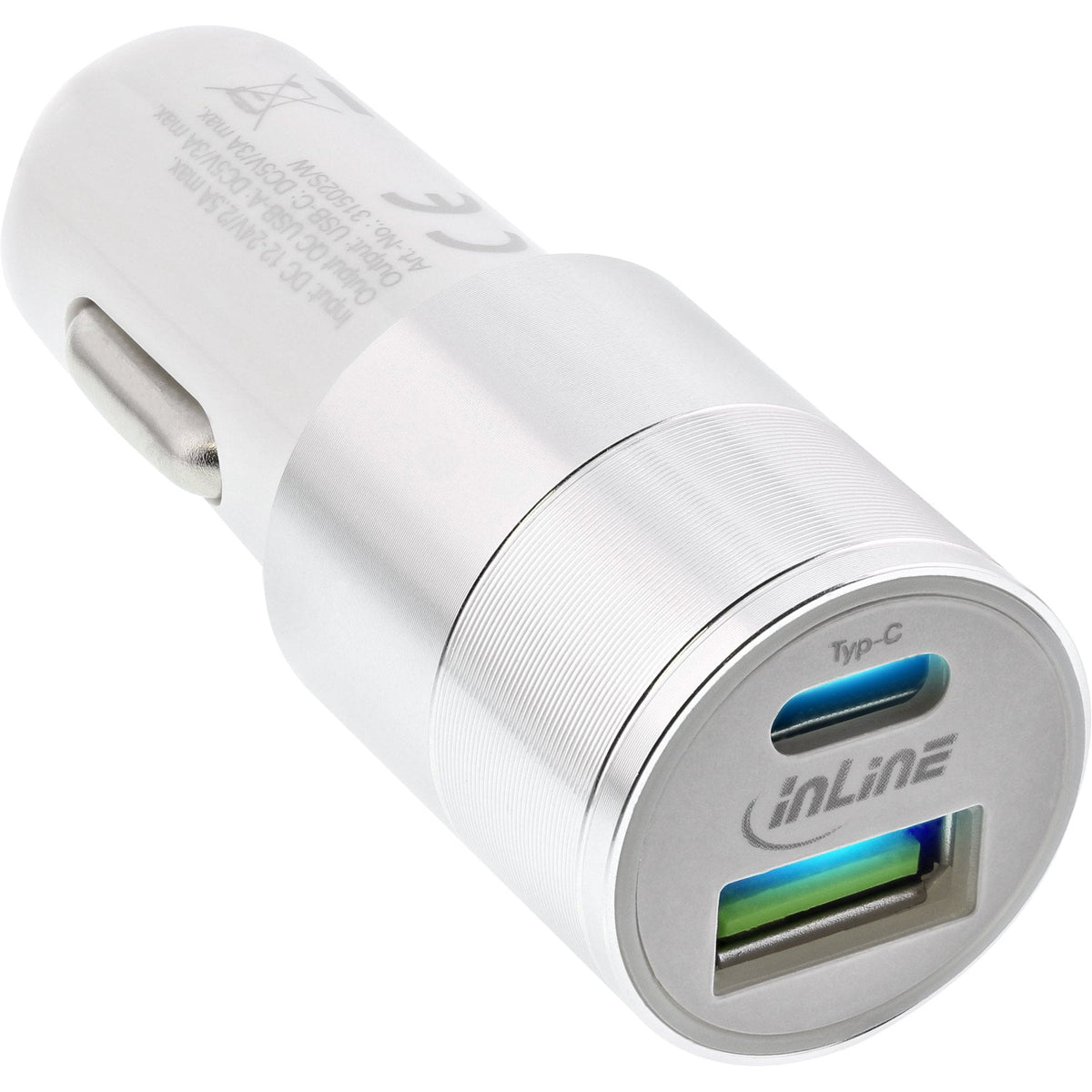 Cargador De Coche Usb Inline Quick Charge 3.0, 12/24vdc -> 5v Dc/3a, Usb-A + Usb Type-C, Blanco