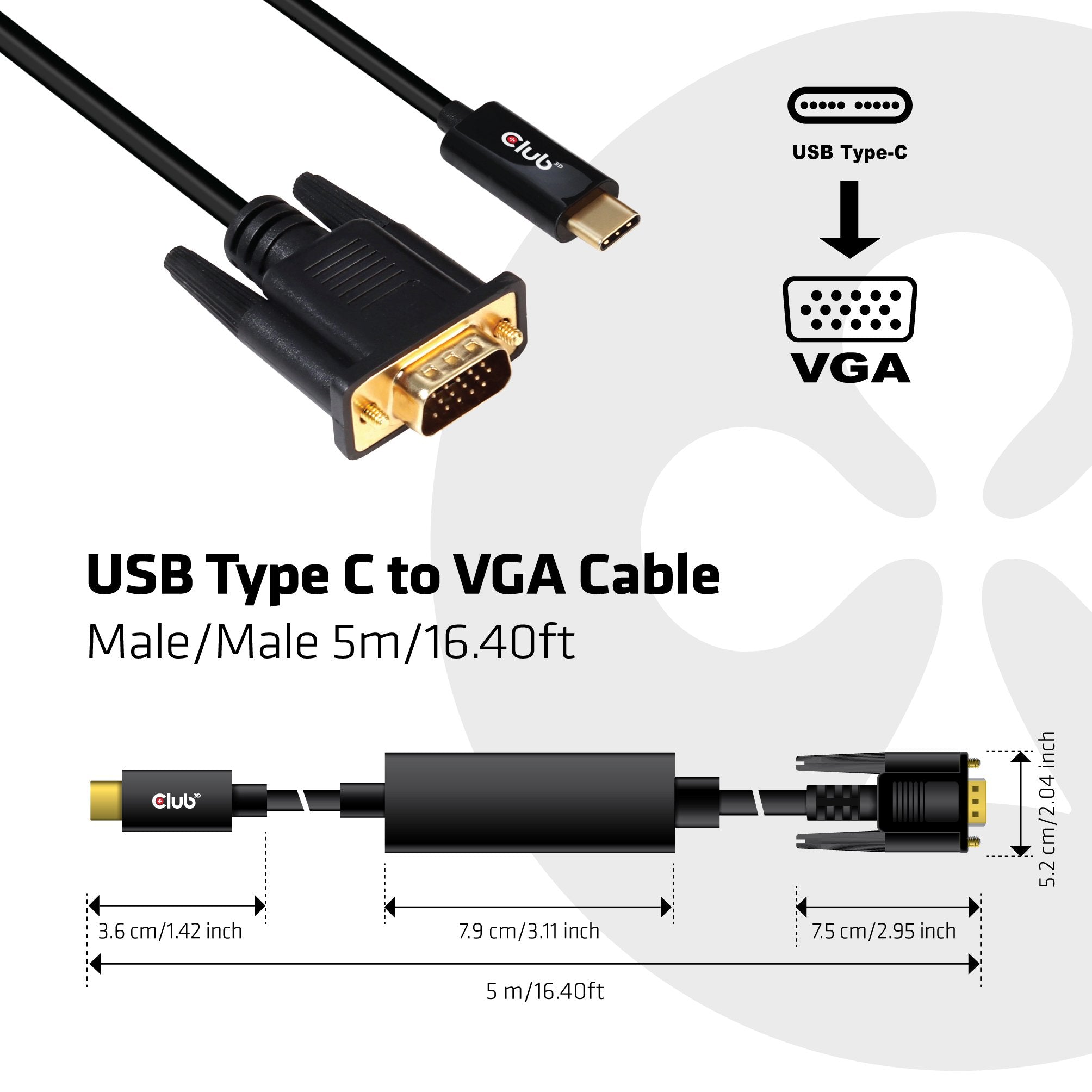 Cable Usb-C To Vga 5m/M/M Cac-1512 Club3d