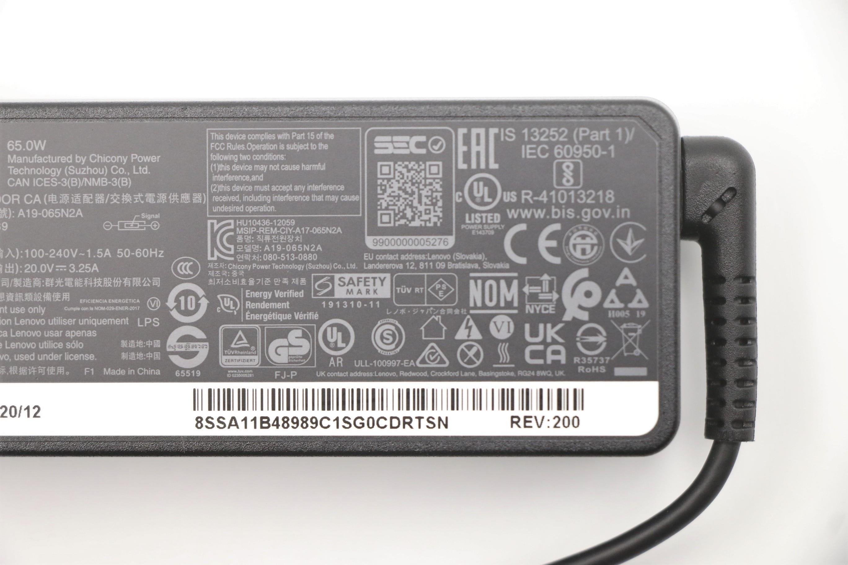 Lenovo Cargador 20v 3.25a 65w Con Cable Alimentación Para Lenovo Yoga 13 5a10v03250