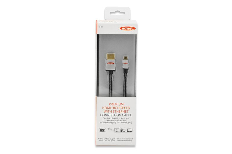 Ednet 84489 Cable Hdmi 2 M Hdmi Tipo D (Micro) Hdmi Tipo A (Estándar) Negro, Plata