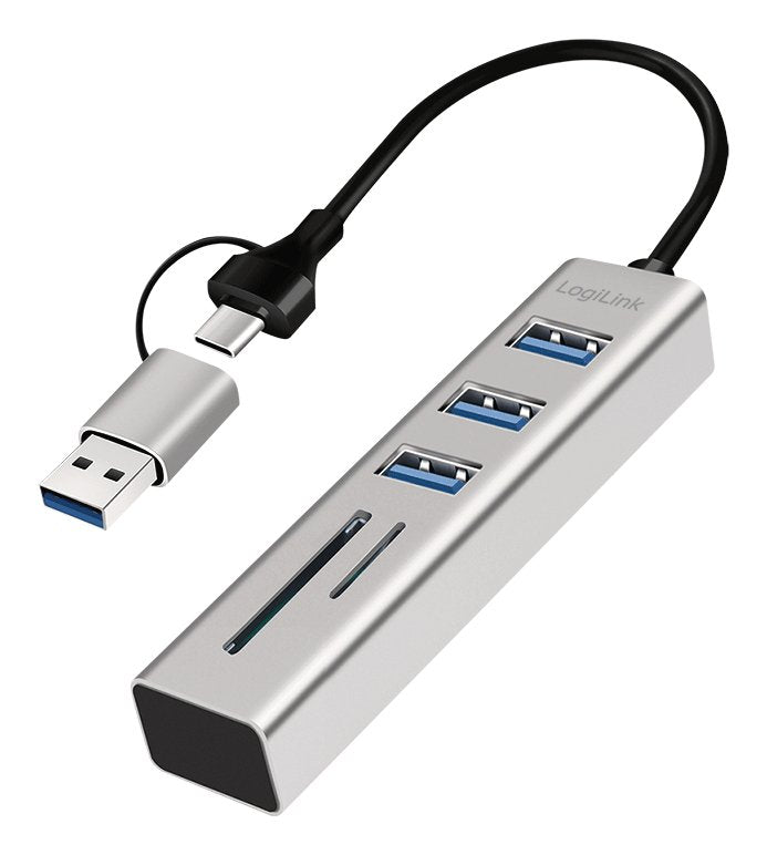Hub Usb 3.0, 3 Puertos Usb-A, Ranura Sd/Microsd, Cable De Conexión 2 En 1, 5 Gbit/S, Plateado