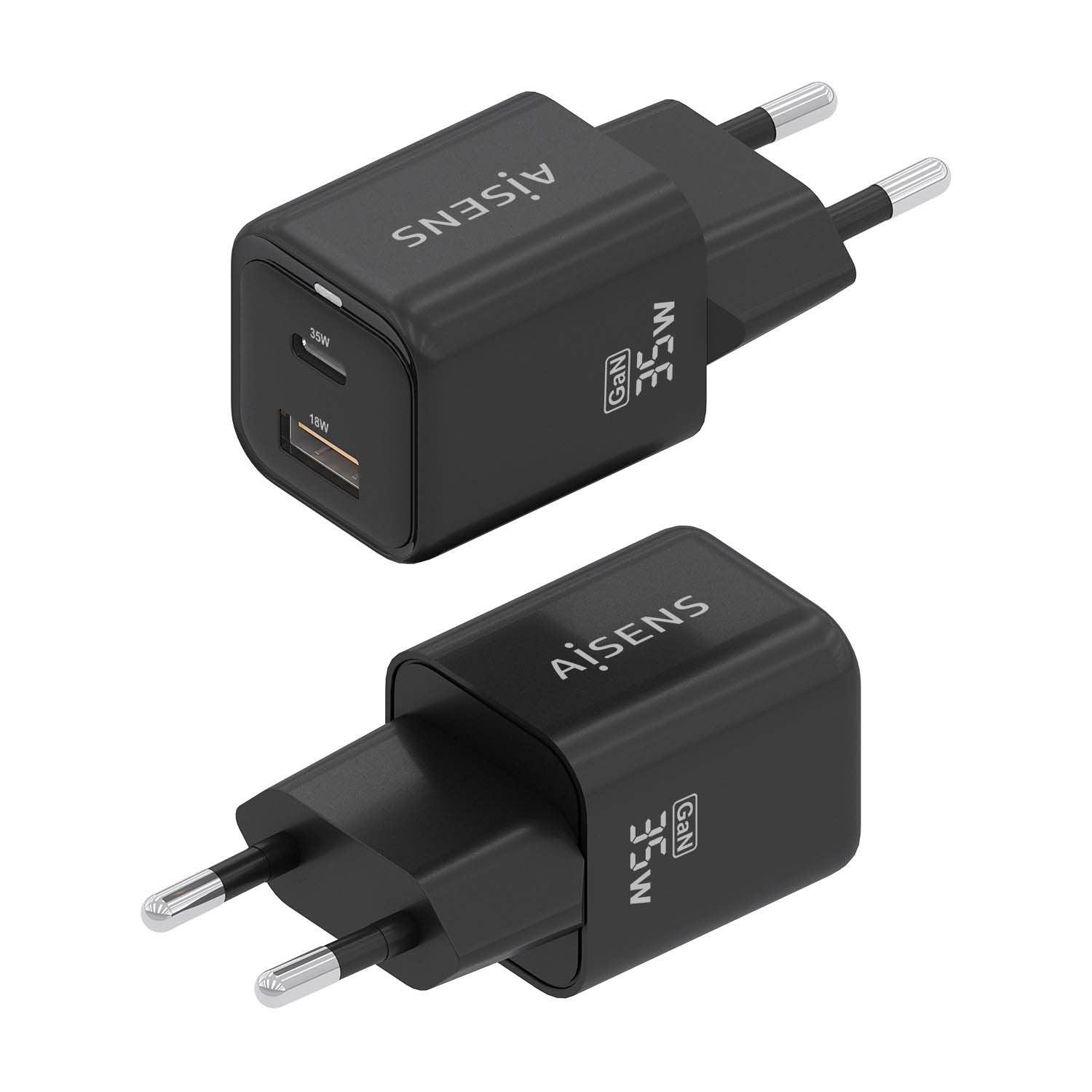 Aisens Cargador Gan 35w, 1xusb-C Pd3.0 Qc4.0, 1xusb-A Qc3.0, Negro