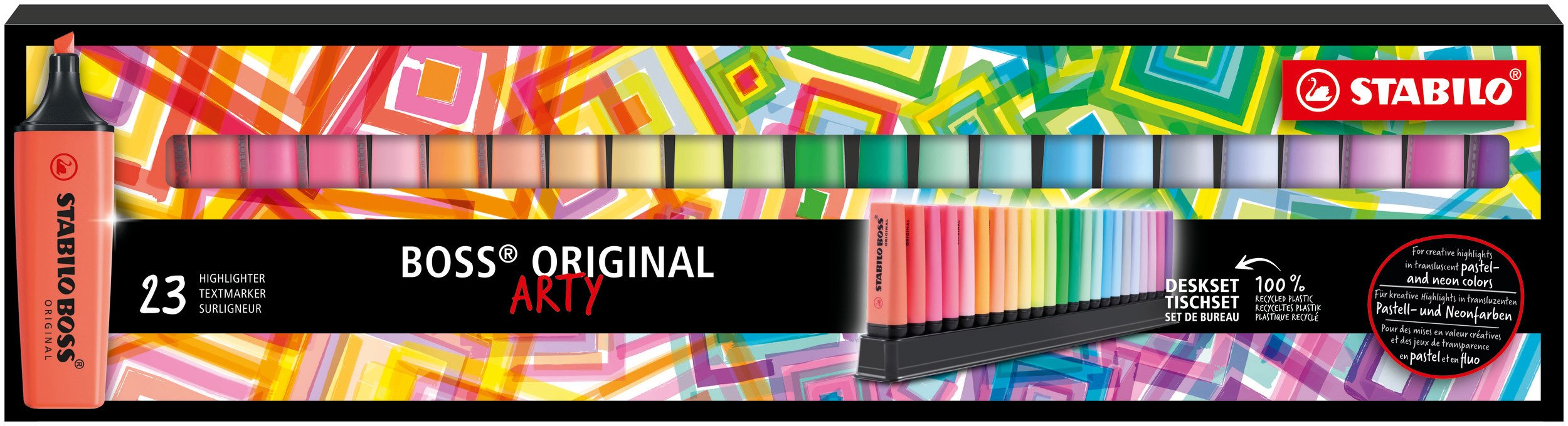 Stabilo Boss Arty Line Pack De 23 Marcadores Fluorescentes - Trazo Entre 2 Y 5mm - Recargable - Tinta Con Base De Agua - Colores Surtidos