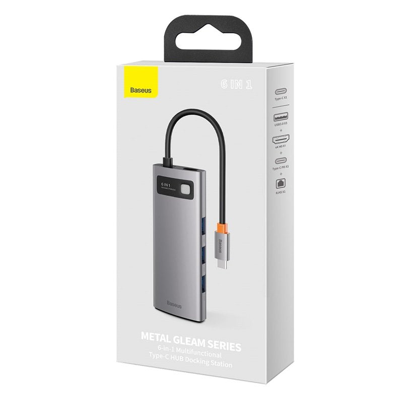 Hub 6w1 Baseus Metal Gleam Series, Usb-C Do 3x Usb 3.0 + Hdmi + Usb-C Pd + Ethernet Rj45