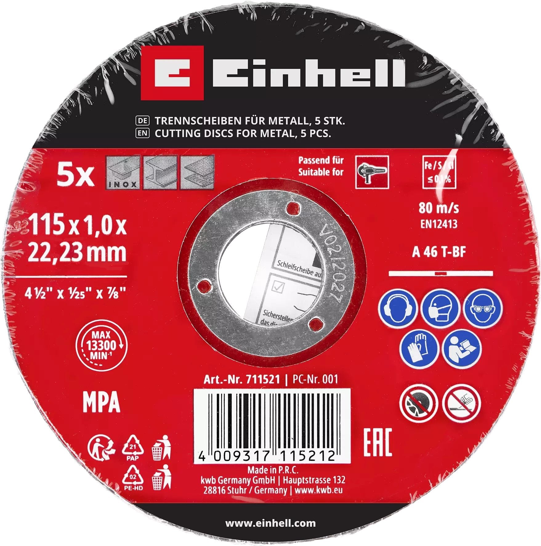 Disco De Corte Fino Einhell, Ø 115 X 1,0 Mm, 5 Piezas Para Amoladoras Angulares 711521