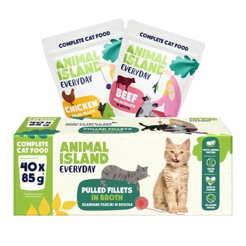40 Sobres  X 85g Animal Island Everyday Beef And Chicken Fillets In Broth - Wet Cat Food - 40 X 85g