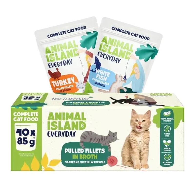 40 Sobres X 85g  Animal Island Everyday Turkey And White Fish Fillets In Broth - Wet Cat Food - 40 X 85g