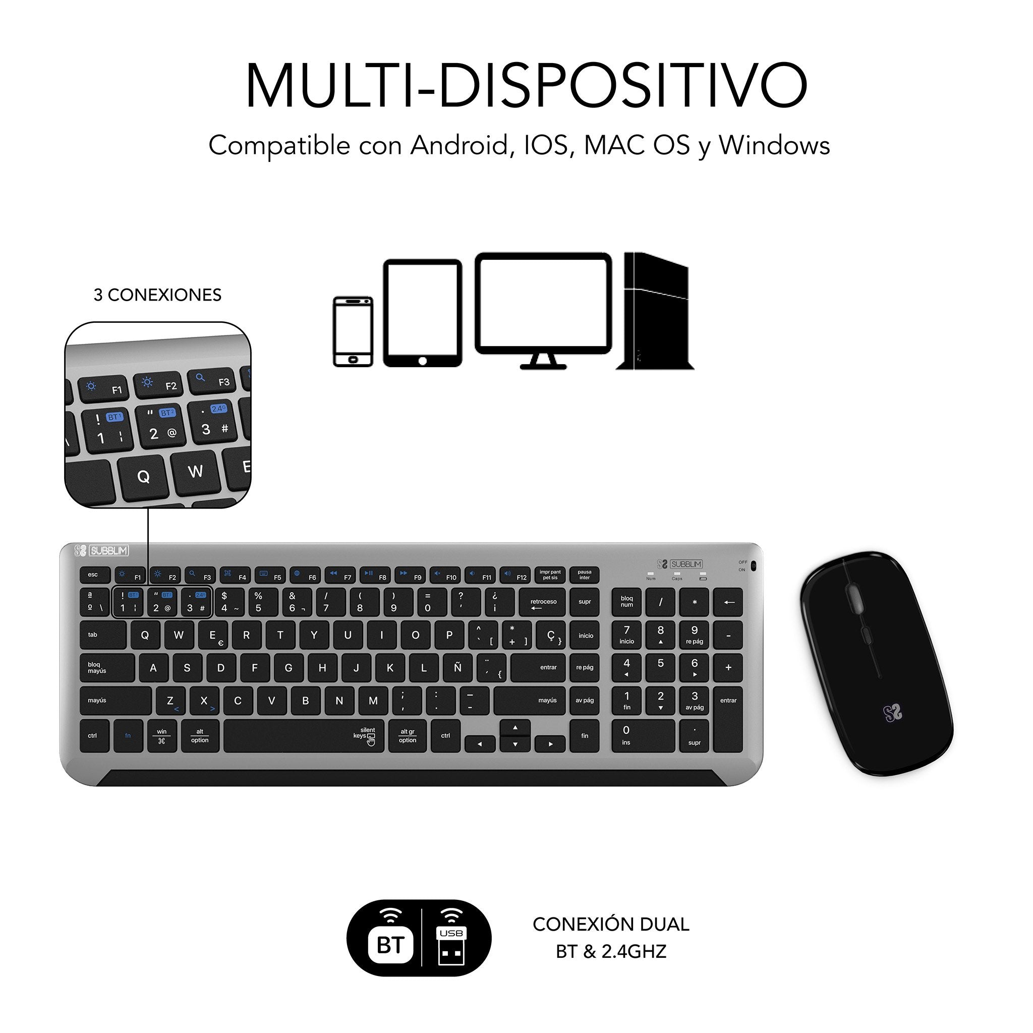 Teclado Y Ratón Inalámbrico Subblim Combo Dual Prestige Extendido Gris Y Negro Español