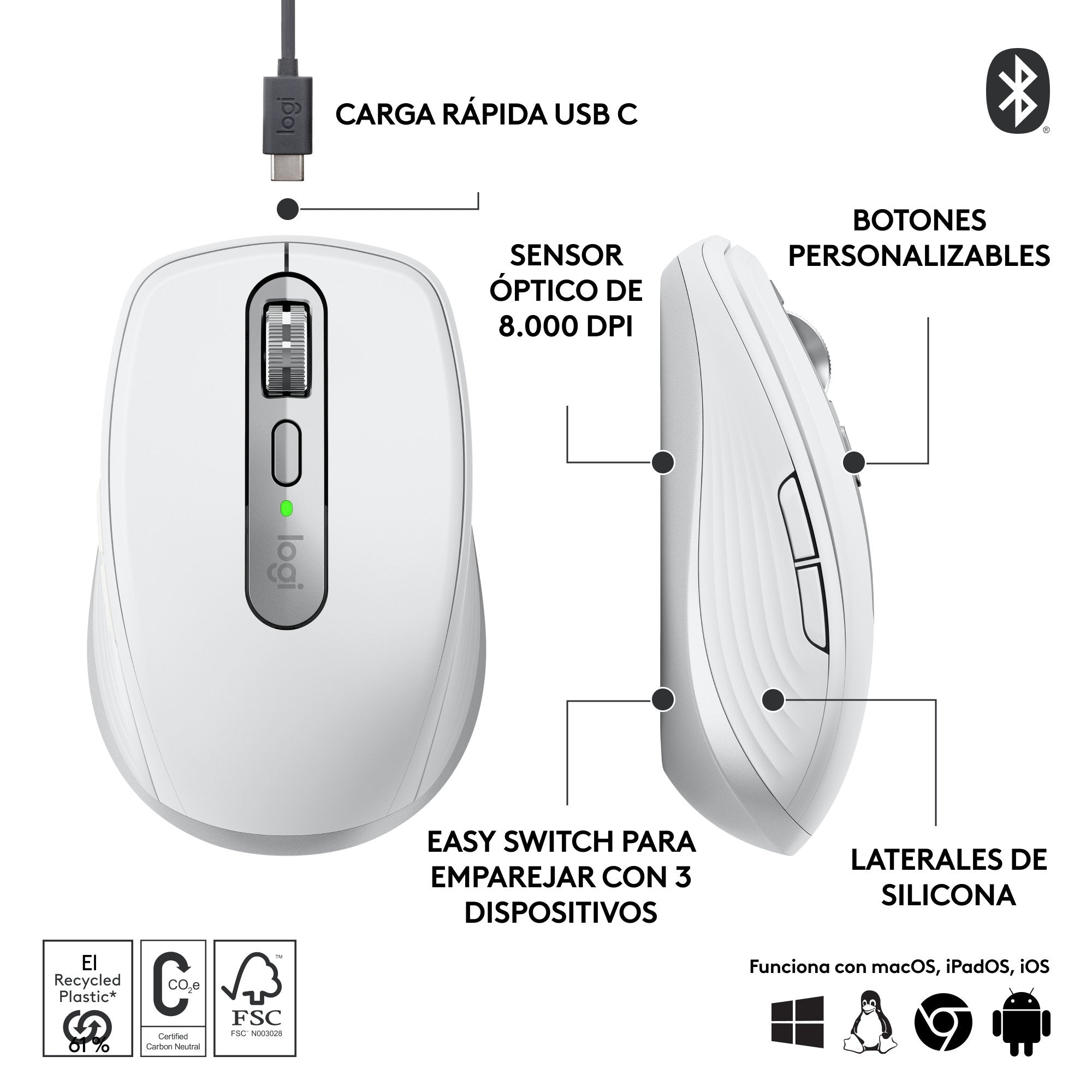 Logitech Mx Anywhere 3s Ratón Óptico 6 Botones Inalámbrico Bluetooth 910-006930