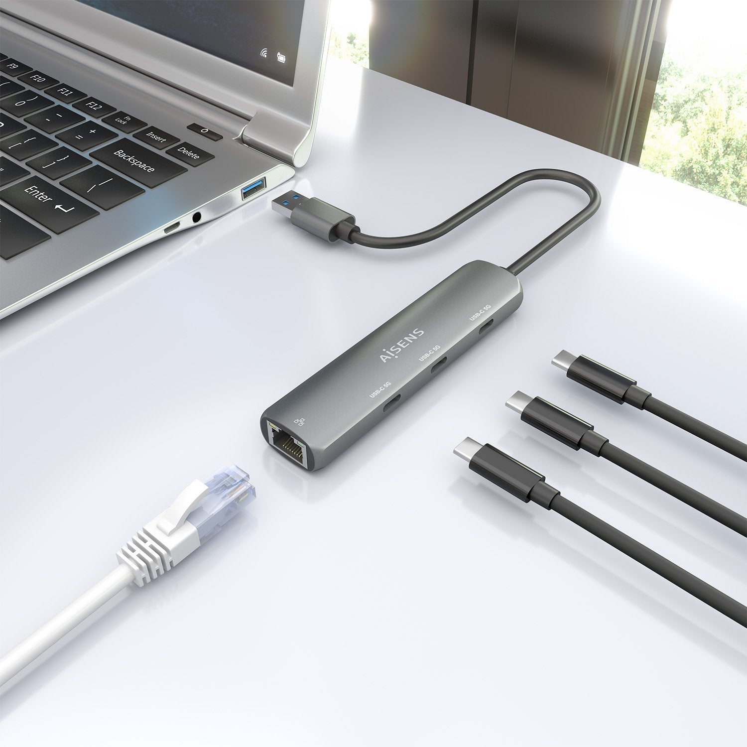 Aisens Usb3.0 Dock Usb-A A Ethernet Gigabit + Hub 3xusb-C, Gris, 15cm