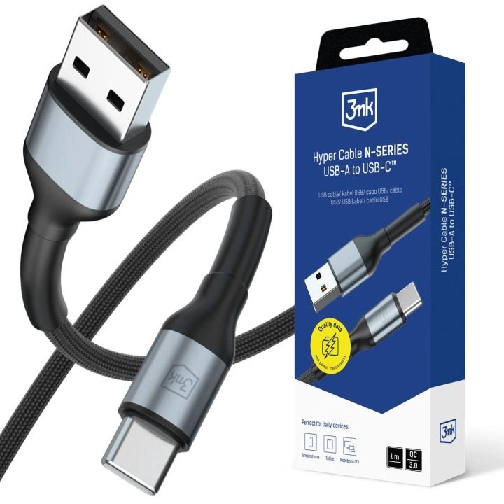 Cable 3mk Hyper N-Series A To C 1m Qc 3.0 9v 2a 18w Black