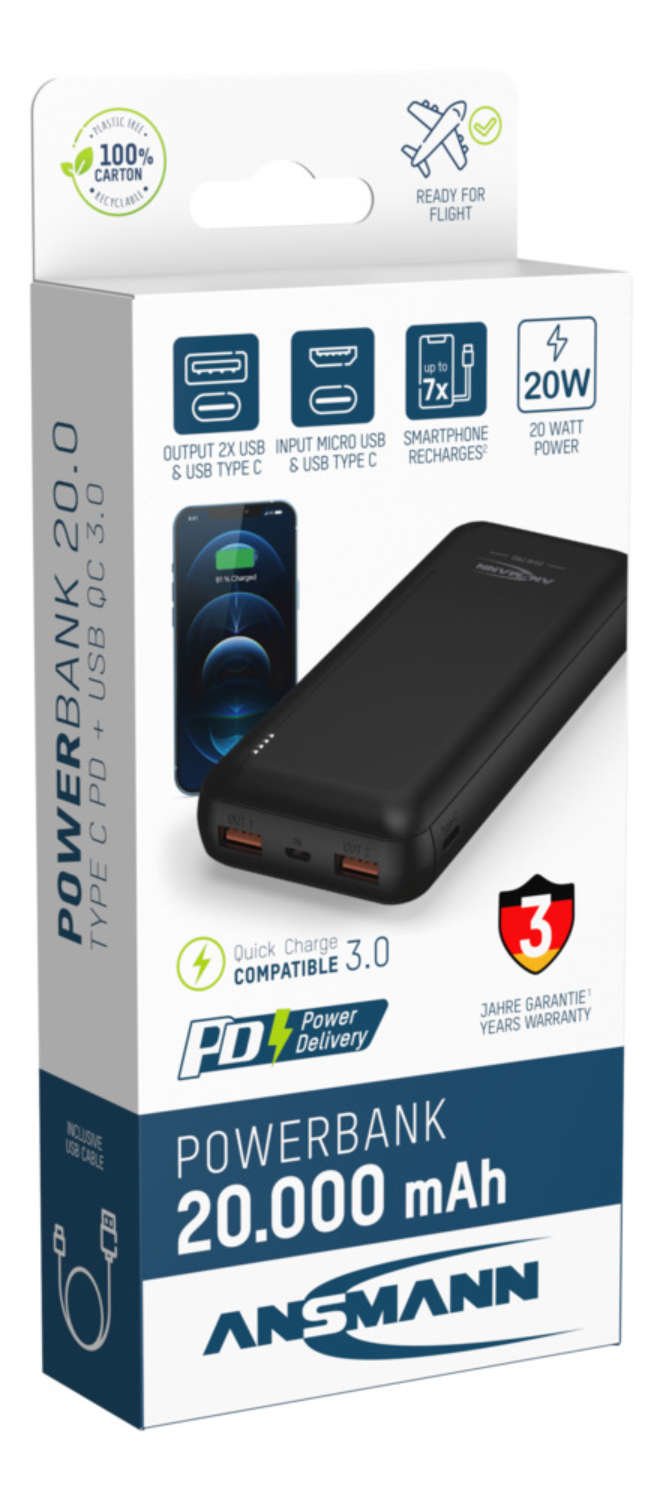 Bateria  Ansmann Powerbank 20000 Mah 20w 2 Usb-A Ports, Usb-C Port