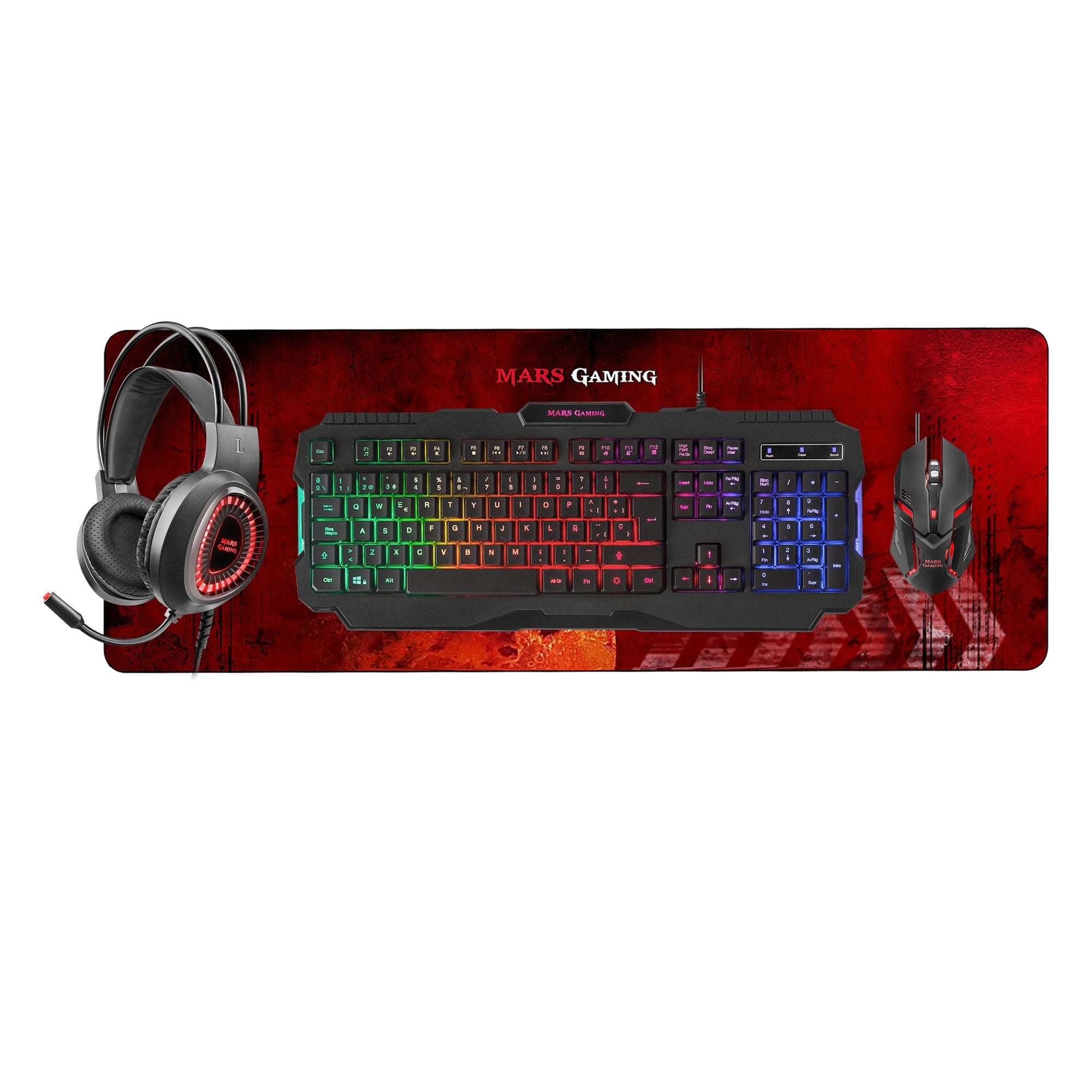 Mars Gaming Mcprgb2 Combo Gaming - Teclado Rgb Rainbow - Raton 4000dpi Rgb Flow - Auriculares Rgb Flow - Alfombrilla
