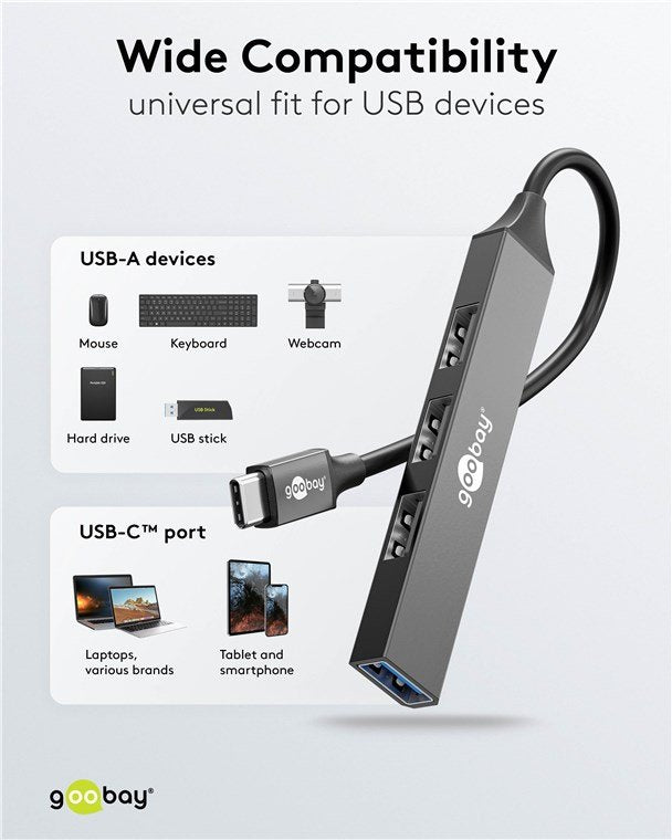 Hub Goobay Concentrador Usb Slim De 4 Puertos, Usb-C A Usb-A, Usb 3.2 Gen1 Gris 74457