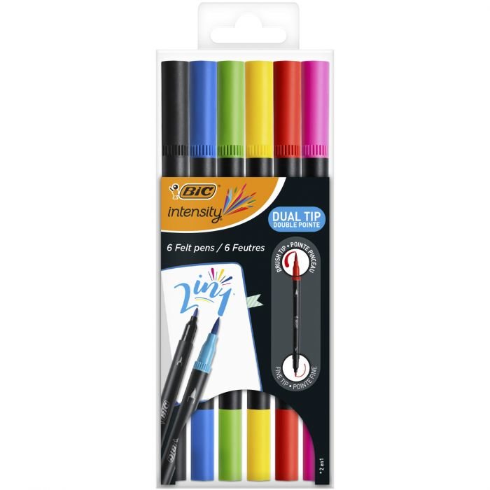 Bic Intensity Dual Tip Pack De 6 Rotuladores Doble Punta - Punta De Pincel + Punta Fina - Tinta Con Base De Agua - Colores Clasicos Surtidos