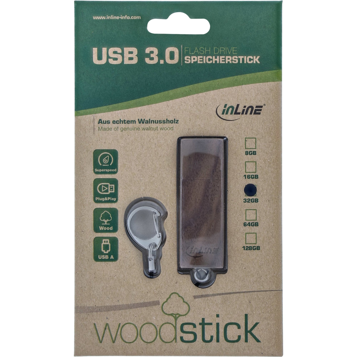Unidad Flash Usb 3.0 Inline 128 Gb, Madera De Nogal, Con Llavero