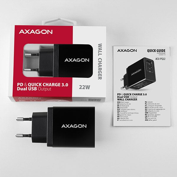 Cargador De Red Axagon Acu-Pq22, Pd Y Quick, 2x Puertos Qc3.0 / Afc / Fcp + Pd Tipo-C, 22w