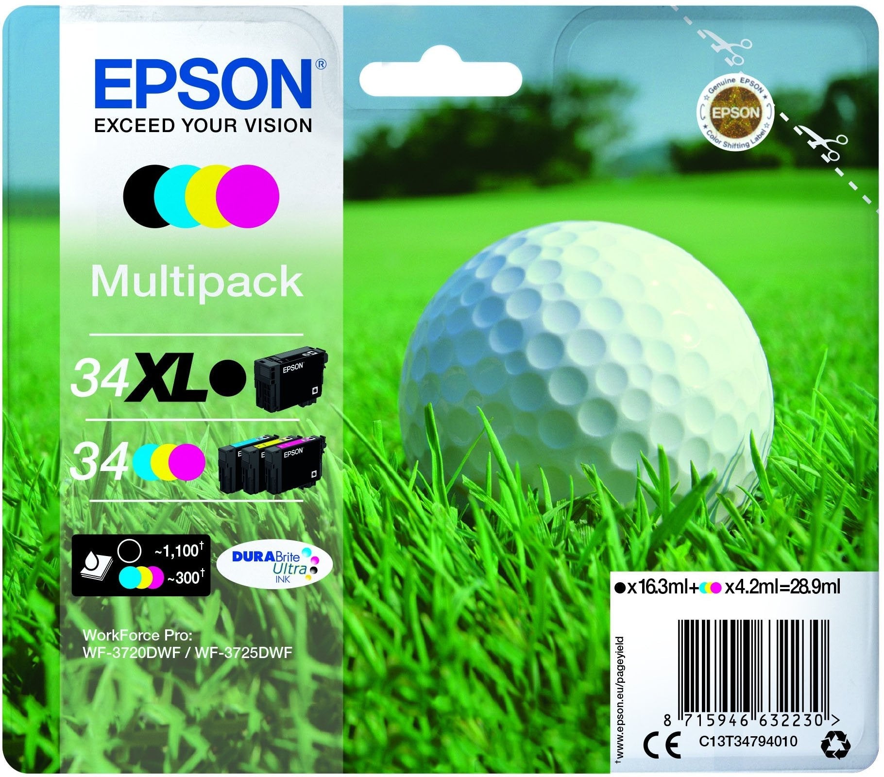 Tinta Epson 34 Multipack Paquete De 4 Negro Amarillo Cián Magenta Original Cartucho De Tinta Para Workforce Pro Wf-3720 Wf-3720dwf Wf-3725dwf