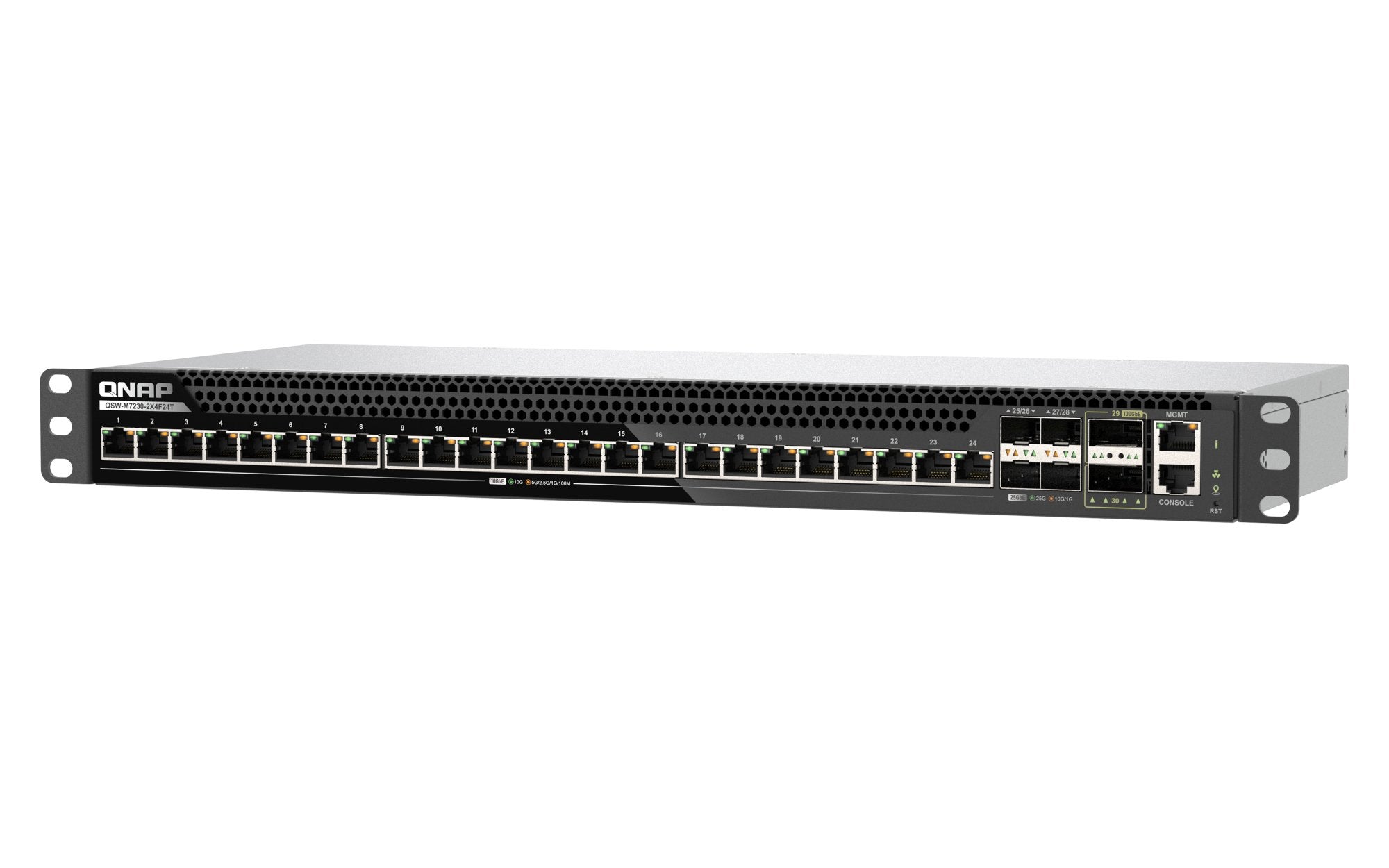 Qnap Qsw-M7230-2x4f24t Conmutador 2 X 100 Gigabit Qsfp28 + 4 X 25 Gigabit Sfp28 Montable En Rack Para Qnap Cab-Dac50m-Sfpp Trx-10gitsfpp-Sr Trx-25gsfp28-Sr