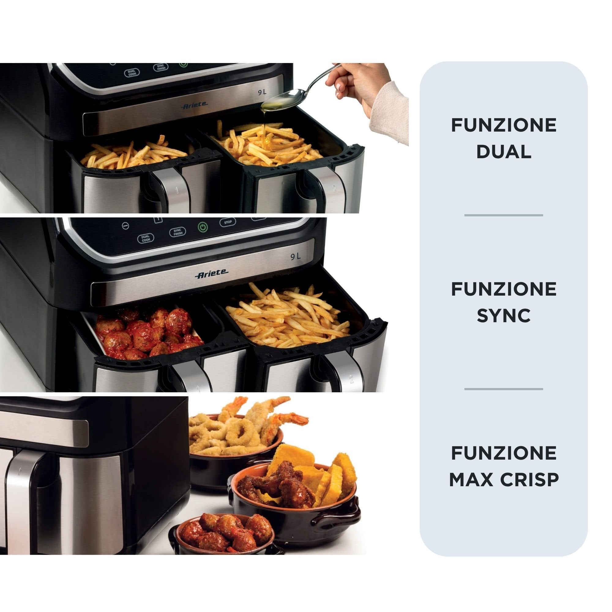 EAN 8003705121386 - Ariete 4625/00 Doble 9 L Independiente 2100 W Freidora de aire caliente Negro, Acero inoxidable imagen 5