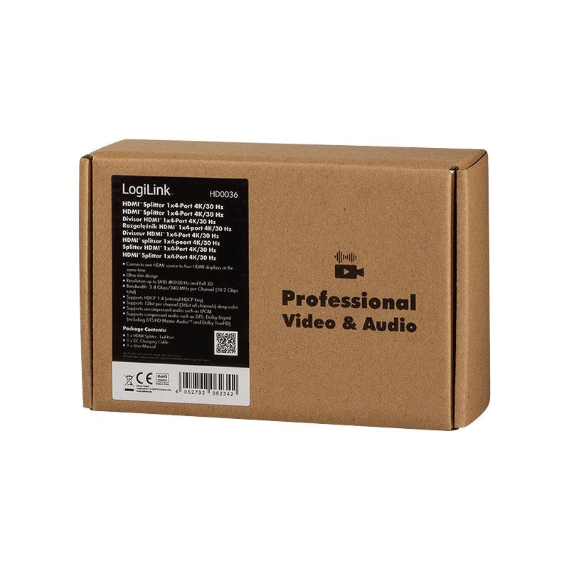 Divisor Hdmi Logilink 1x4 Puerto, 4k / 30hz, Delgado, Negro.