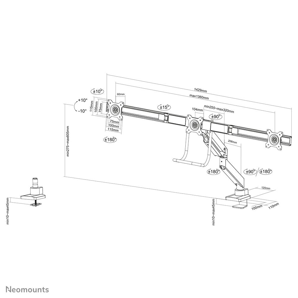 Soporte 3 Monitores Tis Neomounts 10-27" Silver  Max.15kg Nm-D775d