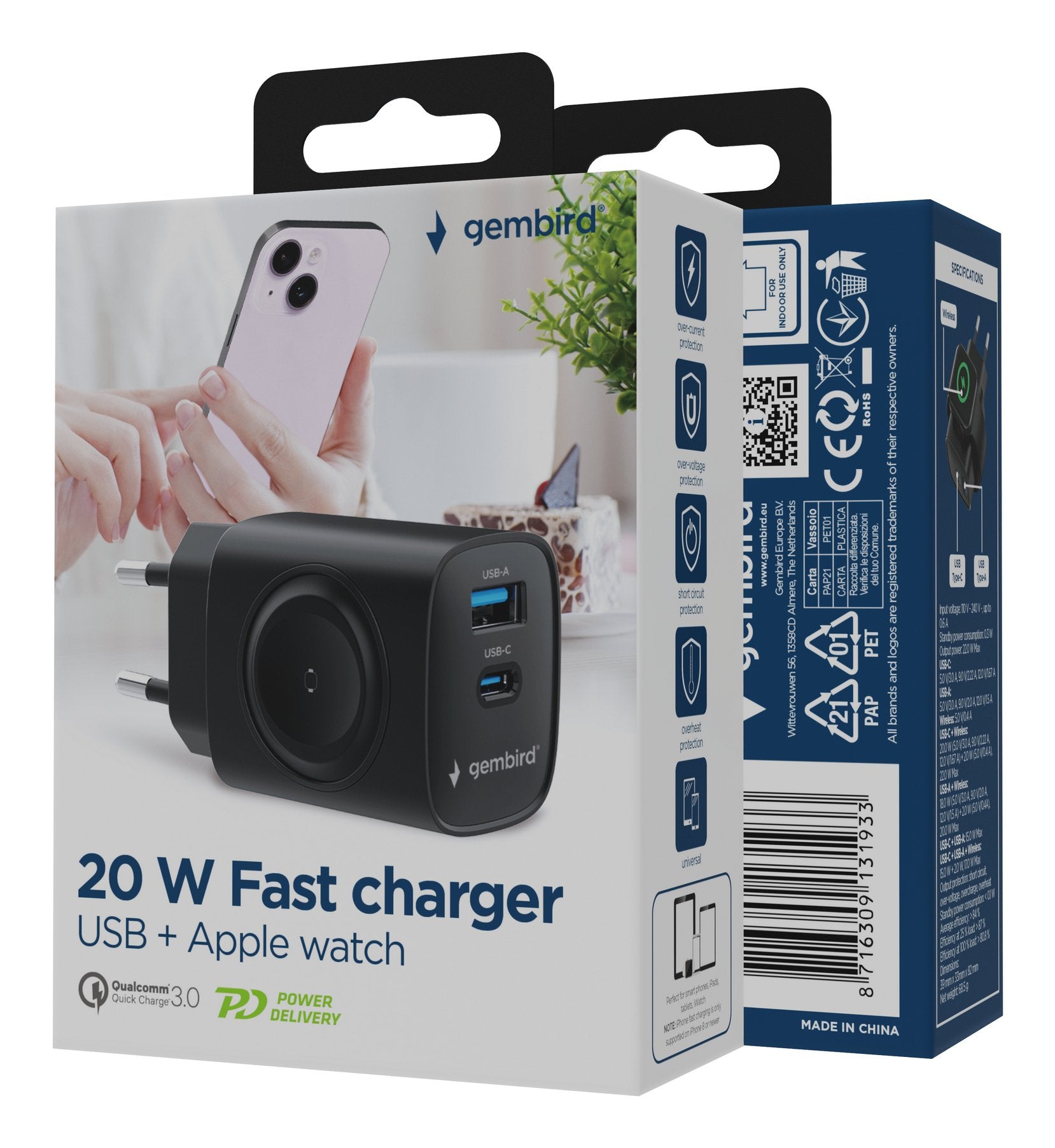 Gembird Ta-Uc-Pdqcw20-01-Bk 2-In-1 20 W Apple Watch + Phone Fast Charger, Black