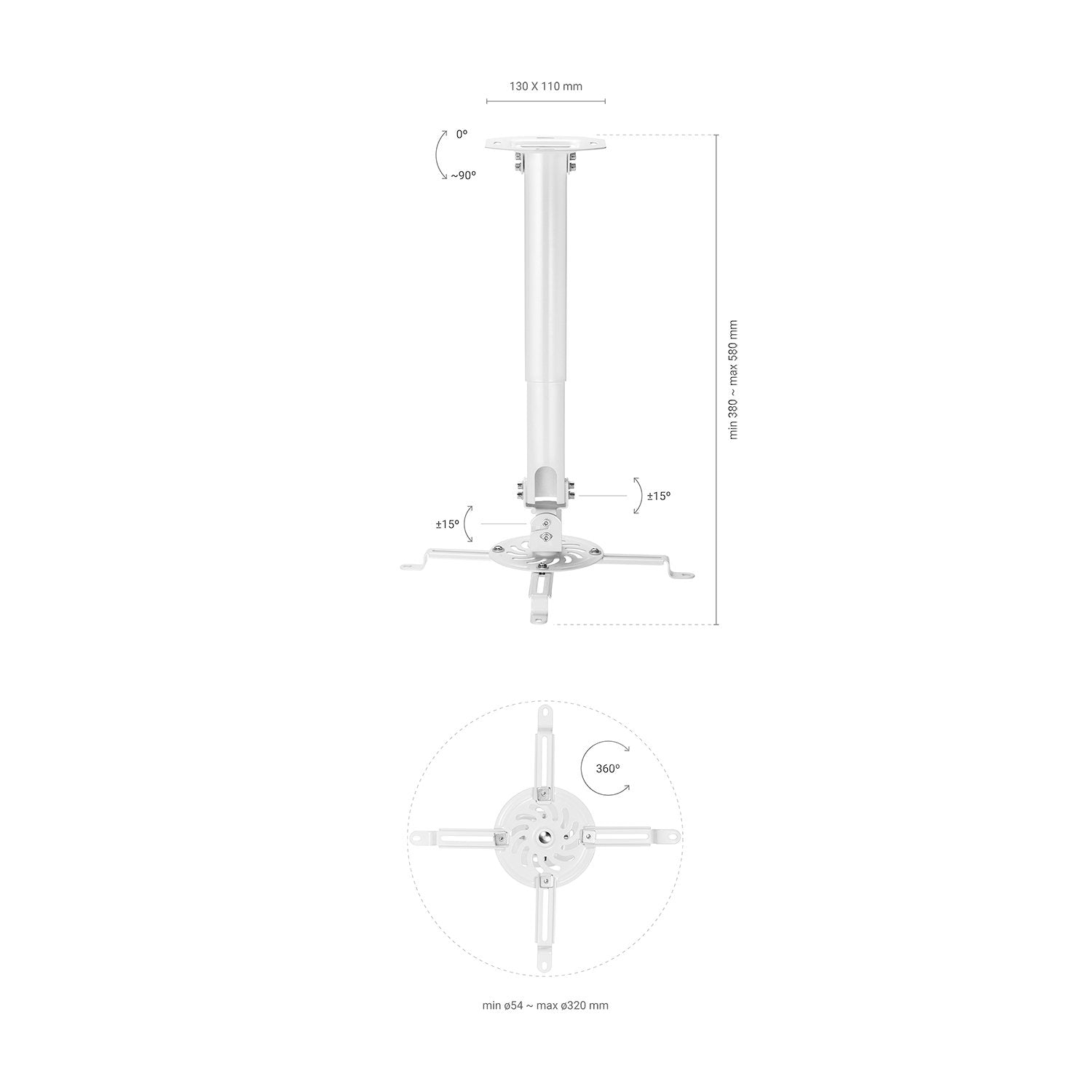 Aisens Soporte Universal Giratorio - Inclinable Y Extensible De Techo Para Proyector - Hasta 13.5kg - Blanco