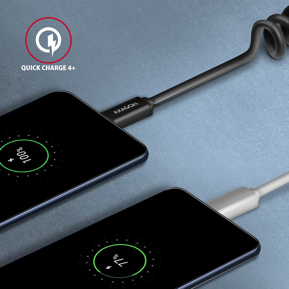 Axagon Hcm-Am20tb Spiralcable, Usb-C Zu Usb-C, 1 M, Usb 2.0, 2.4 A, Alu, Pvc - Negro