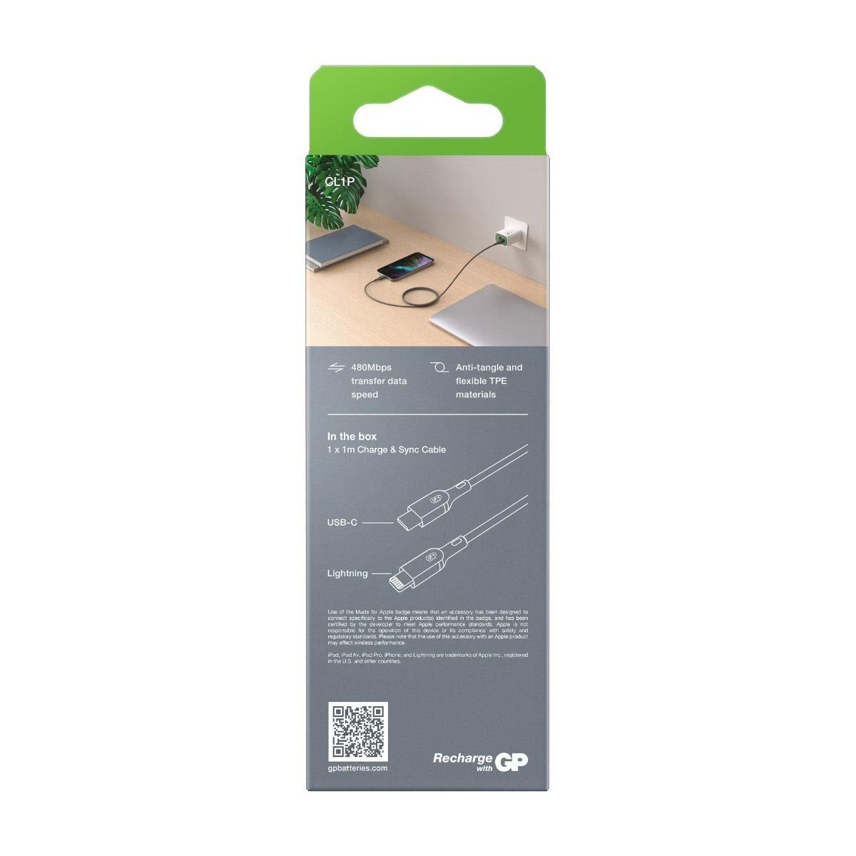 Gp Batteries Cl1p Cable Usb 1 M Usb C Lightning Gris
