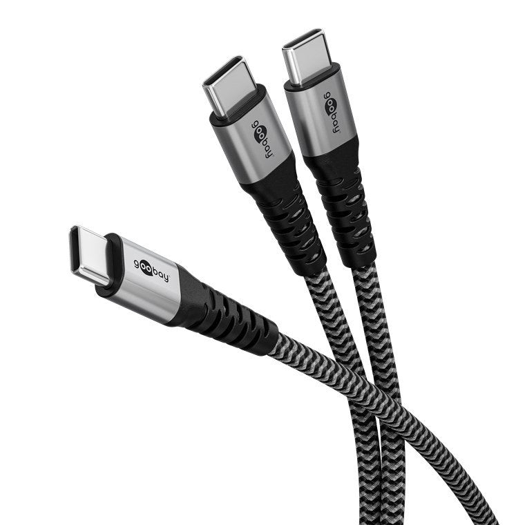 Cable Usb 2.0 De Goobay, Conector Usb-C > Conector Usb-C Negro/Gris, 1,5 Metros, Carga Con Hasta 60 W Pd, Cable Textil Con Conectores Metálicos 75739