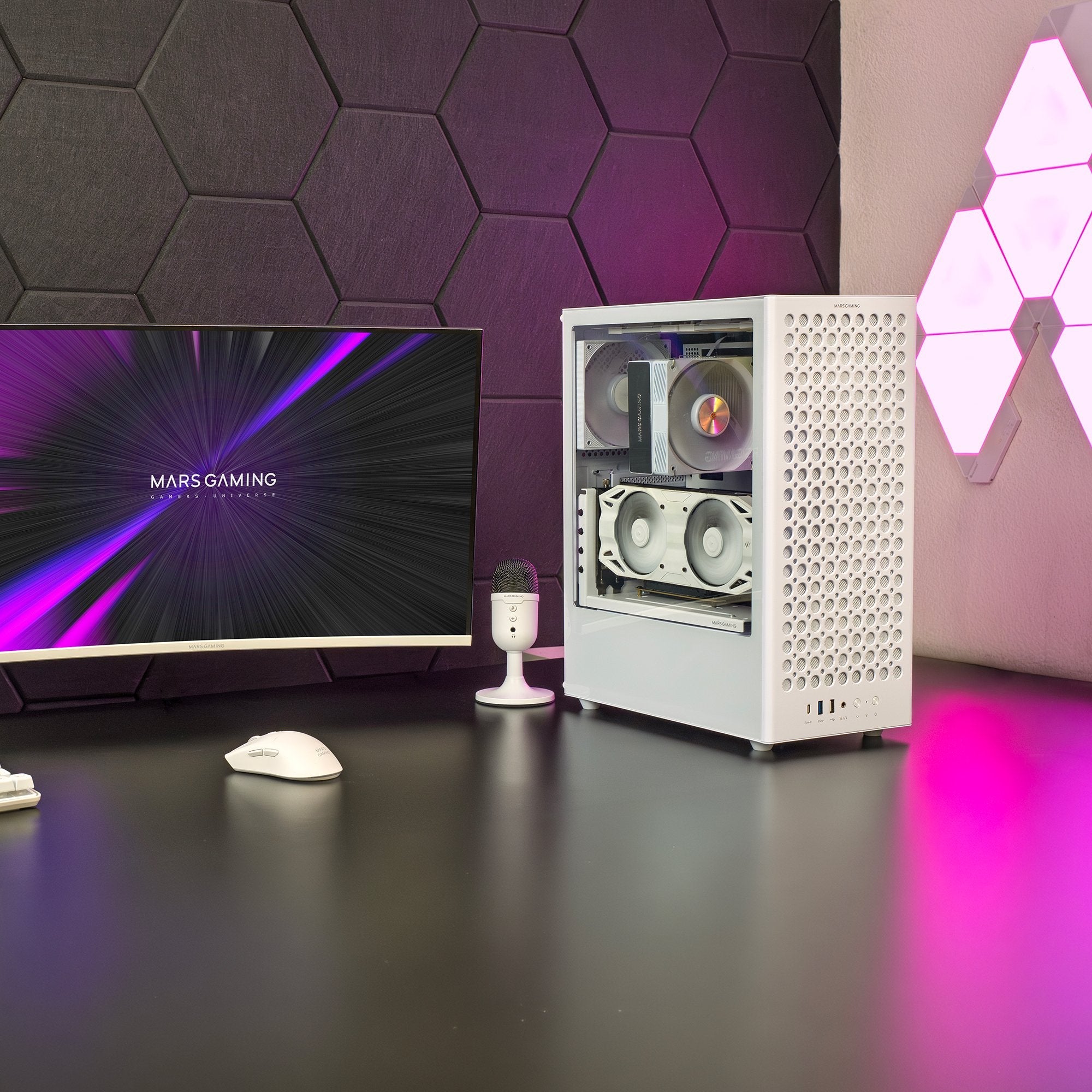 Caja Pc  Atx Mars Gaming Mc-T800 Frontal Airdot Mesh 4x Ventiladores Fdb Cablehatch Usb-C Blanco