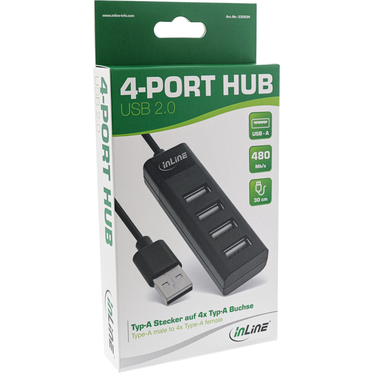 Hub Inline Usb 2.0 De 4 Puertos, Tipo A Macho A 4x Tipo A Hembra, Negro, 30 Cm, Diseño Delgado