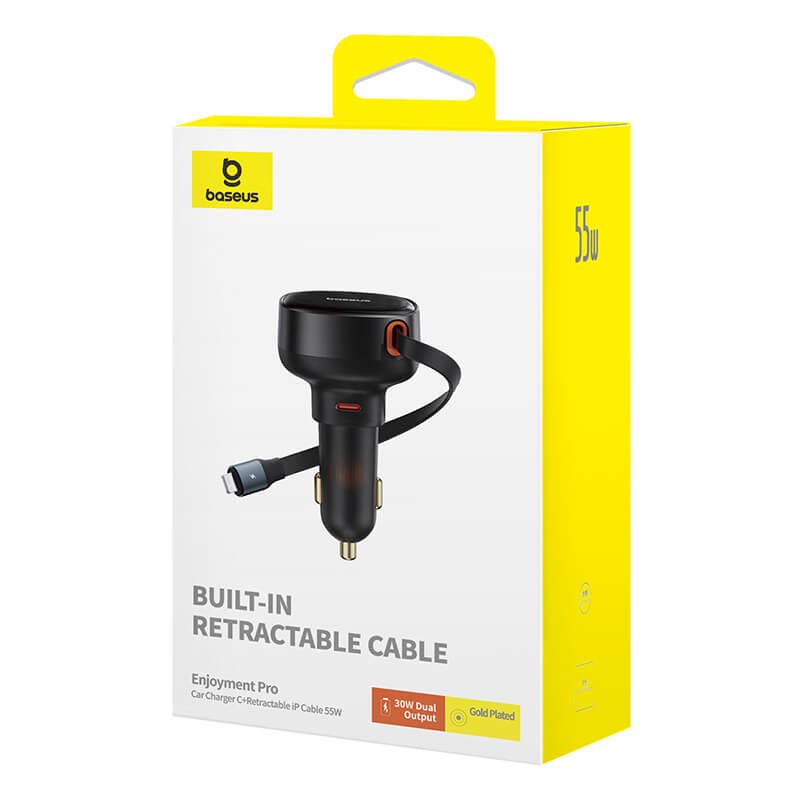 Baseus Car Charger Enjoyment Pro Fast Charger Type-C Female, Lightning Male (0.75m) Built-In Retractable Cable,55w Black Eu (C00057803111-00)