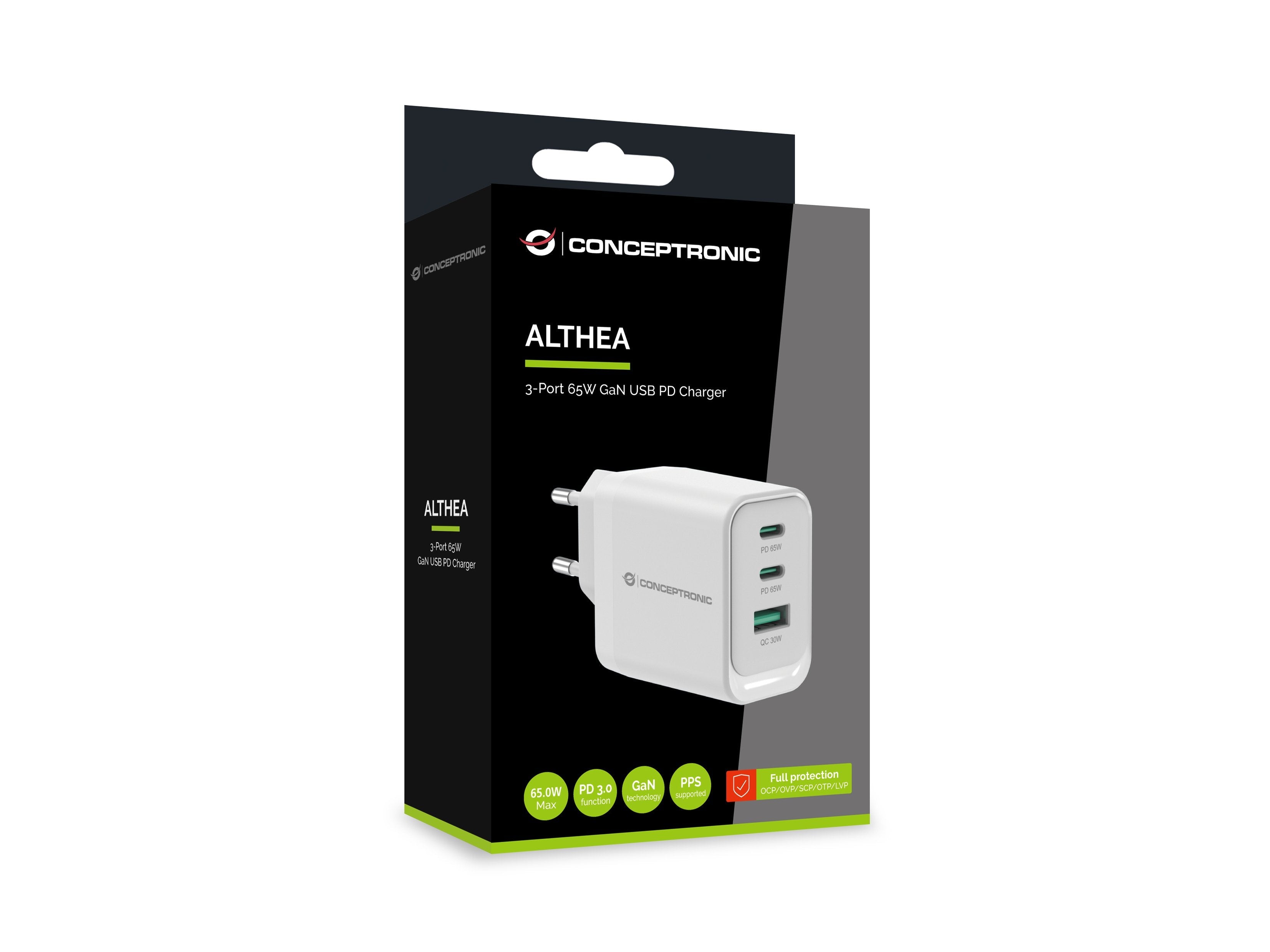 Cargador De Pared Quick Charge 3.0 Pd  Pps 2 Puertos Usb-C 1 Puerto Usb-A Conceptronic Althea 65w