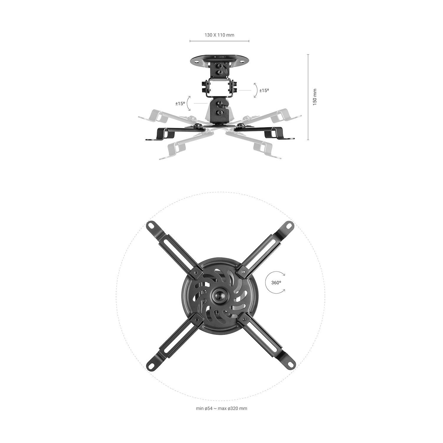 Aisens Soporte Universal Giratorio - Inclinable De Techo Para Proyector - Hasta 13.5kg - Negro