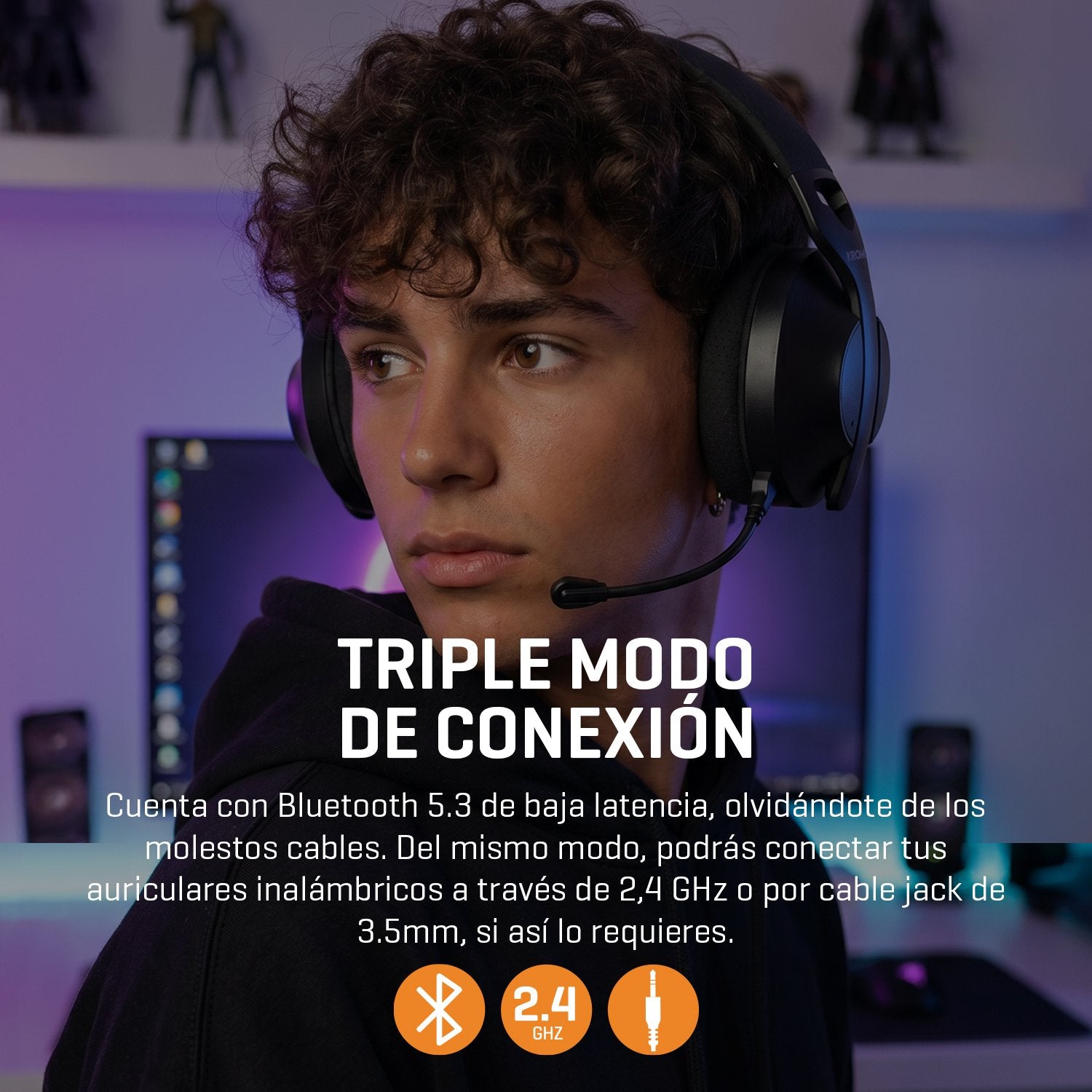 Auriculares Gaming Inalámbricos Con Micrófono Krom Phase Bluetooth Jack 3.5 Usb 2.0 Negros
