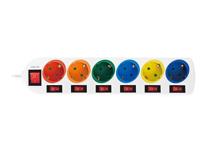 Logilink Regleta De Enchufes 6 Tomas, 6xcee 7/3, W. 7 Interruptores, Coloridos