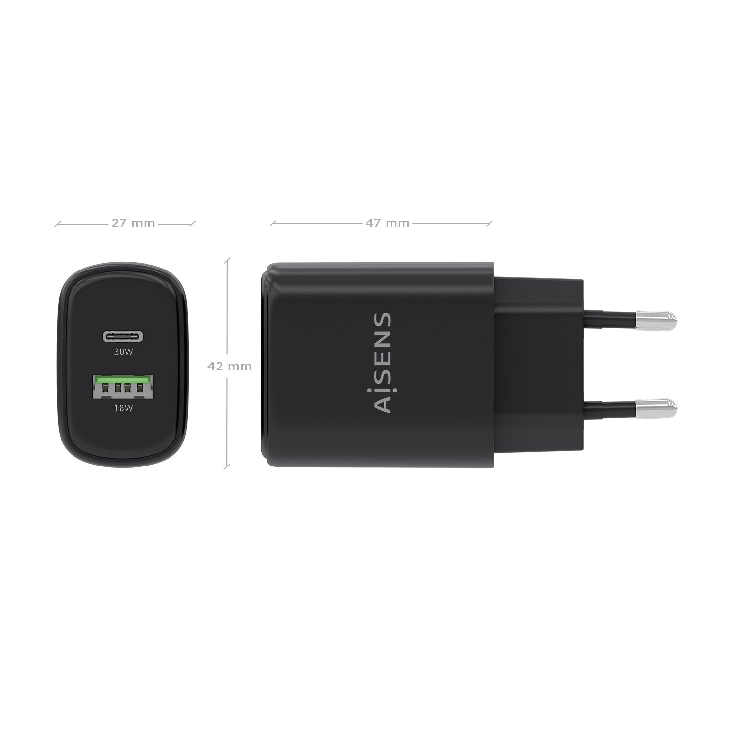 Aisens Cargador Gan 30w, 1xusb-C Pd3.0 Qc4.0, 1xusb-A Qc3.0, Negro