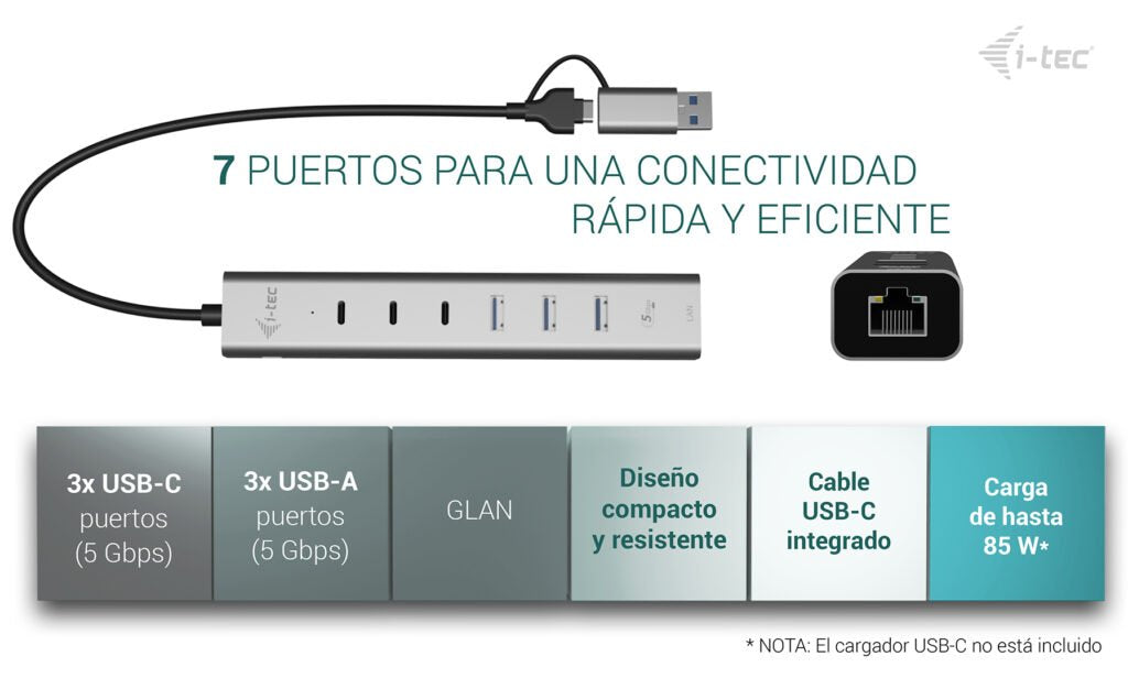 I-Tec Usb-C Usb-A Metal Hub 6 Port 3x Usb-C 3.2 Gen1 3x Usb-A 3.2 Gen1 1x Glan Power Delivery 85w